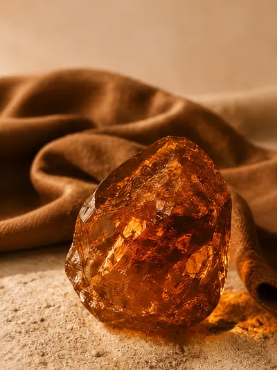 Amber Veil scent — a raw amber block resting on warm brown fabric