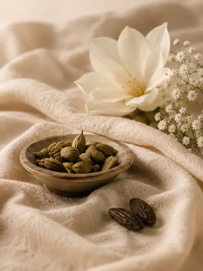 Cashmere scent — a white flower, cardamom and tonka beans on cream cloth