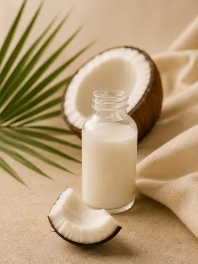 Coconut Milk scent — an open coconut, coconut milk and a palm leaf