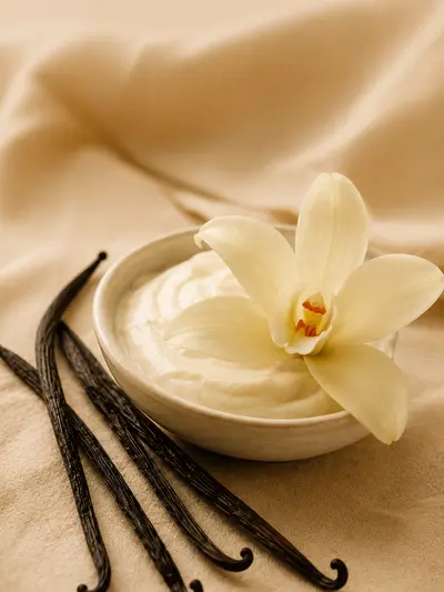 Vanilla scent — vanilla pods and an orchid flower beside whipped cream