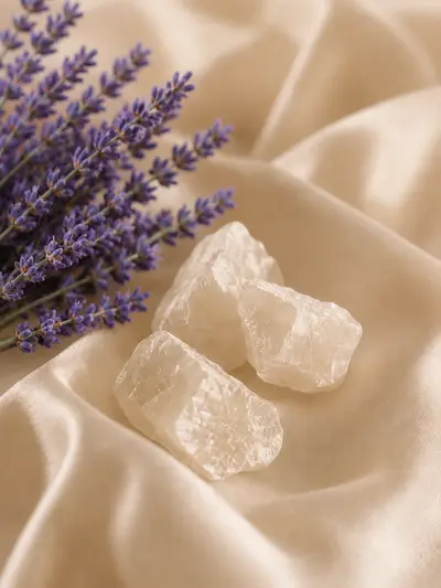Velvet Musk scent — lavender sprigs and white musk crystals on silky fabric
